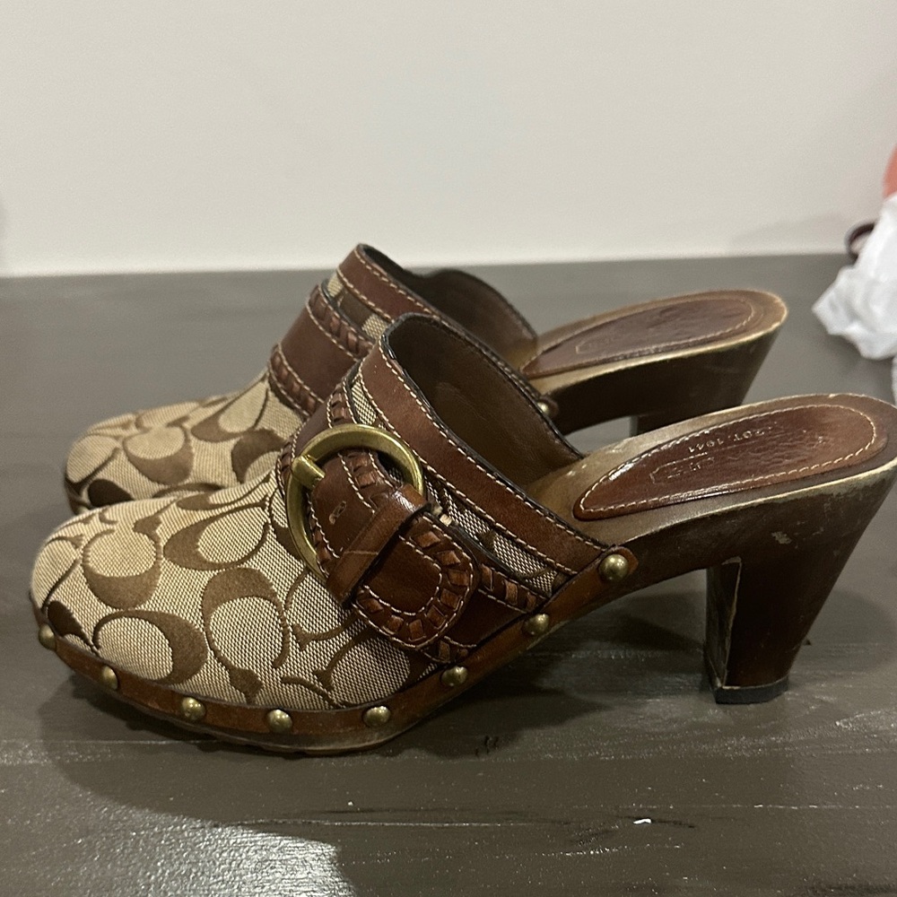 Coach Brown and Tan Mules with Gold Buckle - Picture 2 of 7
